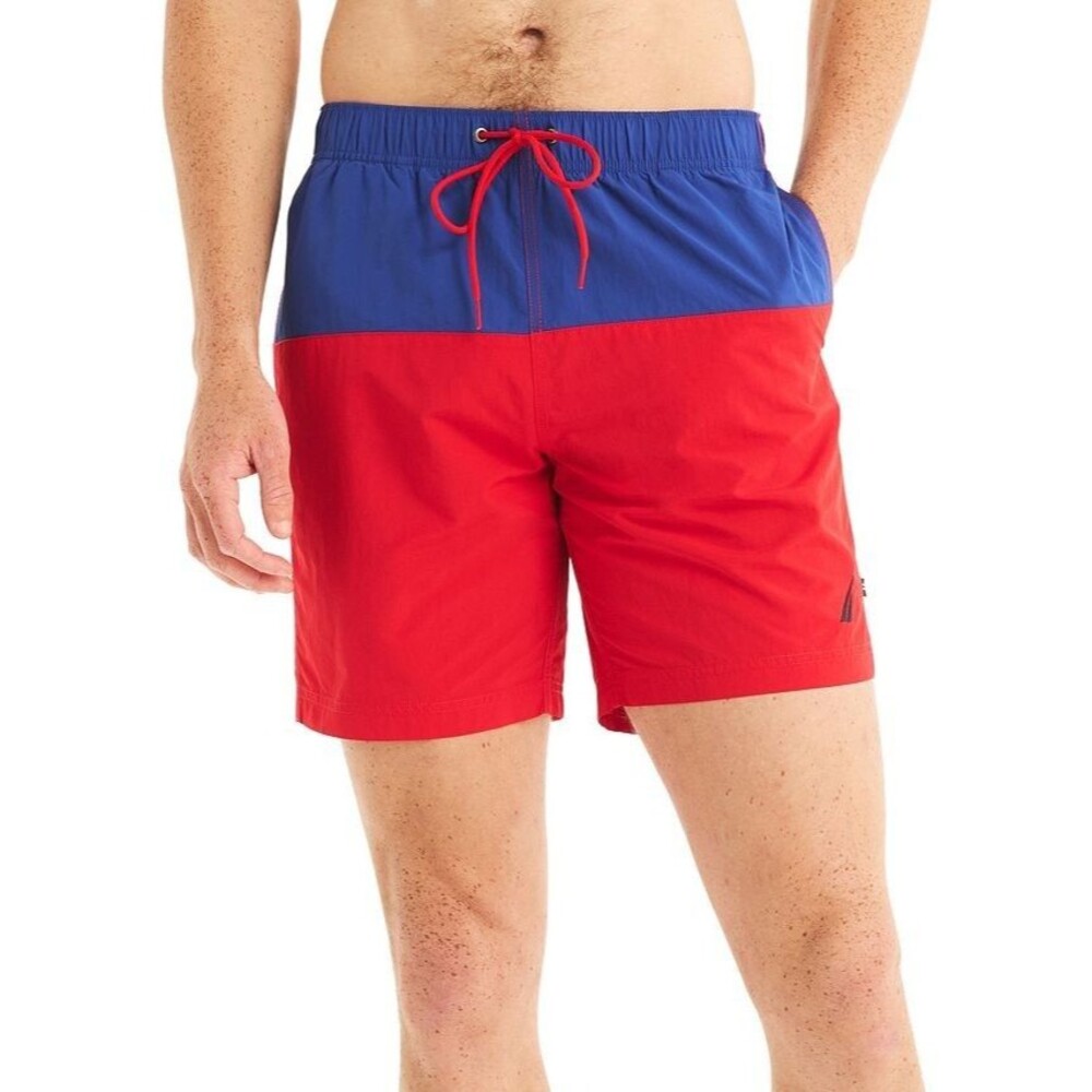 Nautica Men's Horizontal Colorblocked 6" Swim Trunks Blue Red Swim Shorts XXL